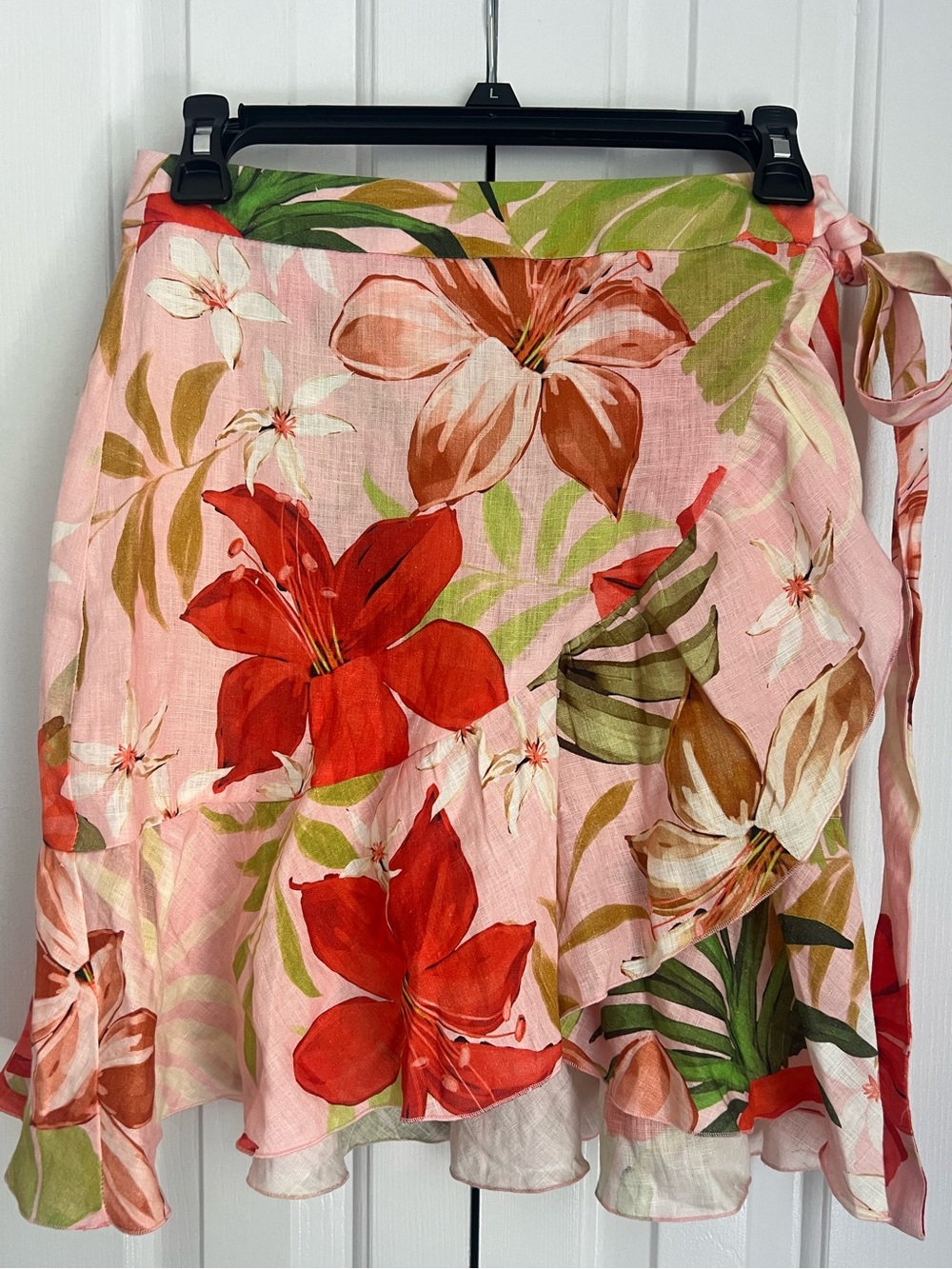 Zara Pink Floral Wrap Skirt with Red & Green Accents linen